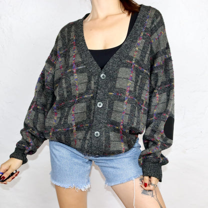 Vintage 80s 90s Cardigan Button-Up Checked Wool Cardigan Size 54 XL