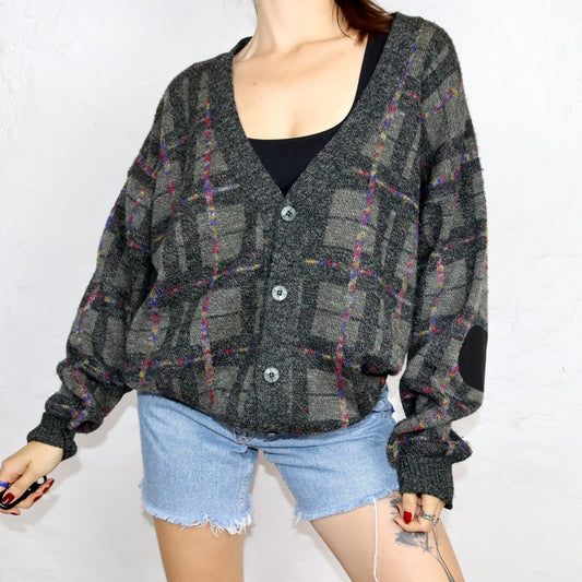 Vintage 80s 90s Cardigan Button-Up Checked Wool Cardigan Size 54 XL