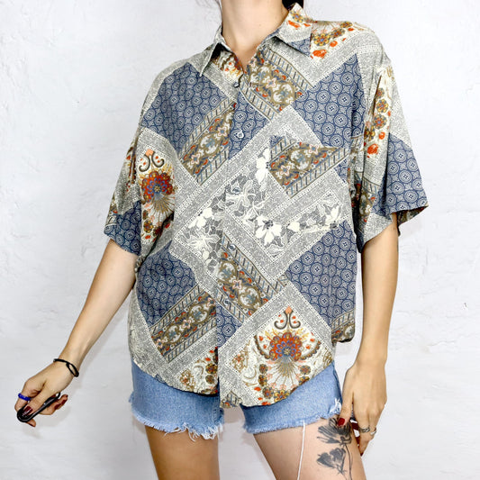 Vintage 80er 90er A+T COMPANY Hemd kurzarm crazy pattern Viskose Paisleymuster L