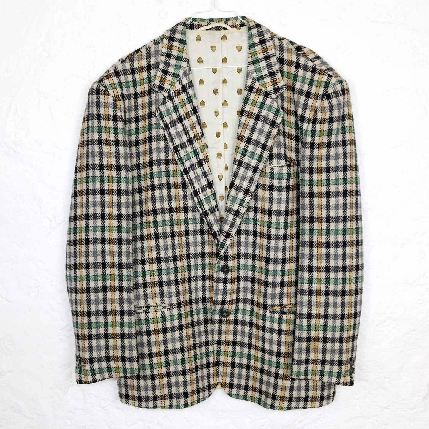 Vintage 80s 90s CITY TIME wool blazer checked wool shoulder pads beige green yellow 50 L