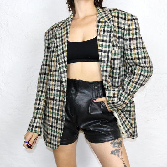 Vintage 80s 90s CITY TIME wool blazer checked wool shoulder pads beige green yellow 50 L