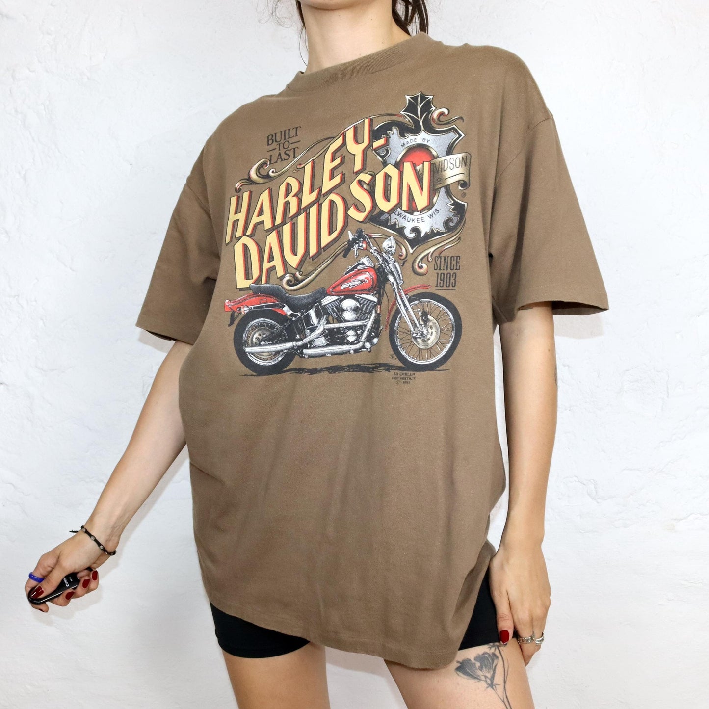 Vintage 80er 90er Rare HARLEY DAVIDSON 3D Emblem 1991 T-Shirt kurzarm braun Print single stiched XL