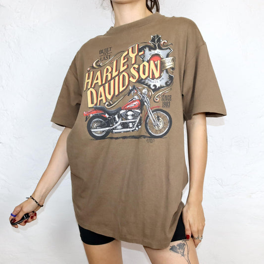 Vintage 80s 90s Rare HARLEY DAVIDSON 3D Emblem 1991 T-Shirt short sleeve brown print single stiched XL