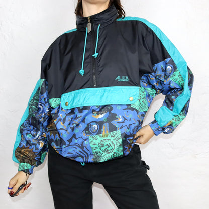 Vintage 80s 90s ALEX rain jacket windbreaker double-layered crazy pattern stand-up collar blue black S