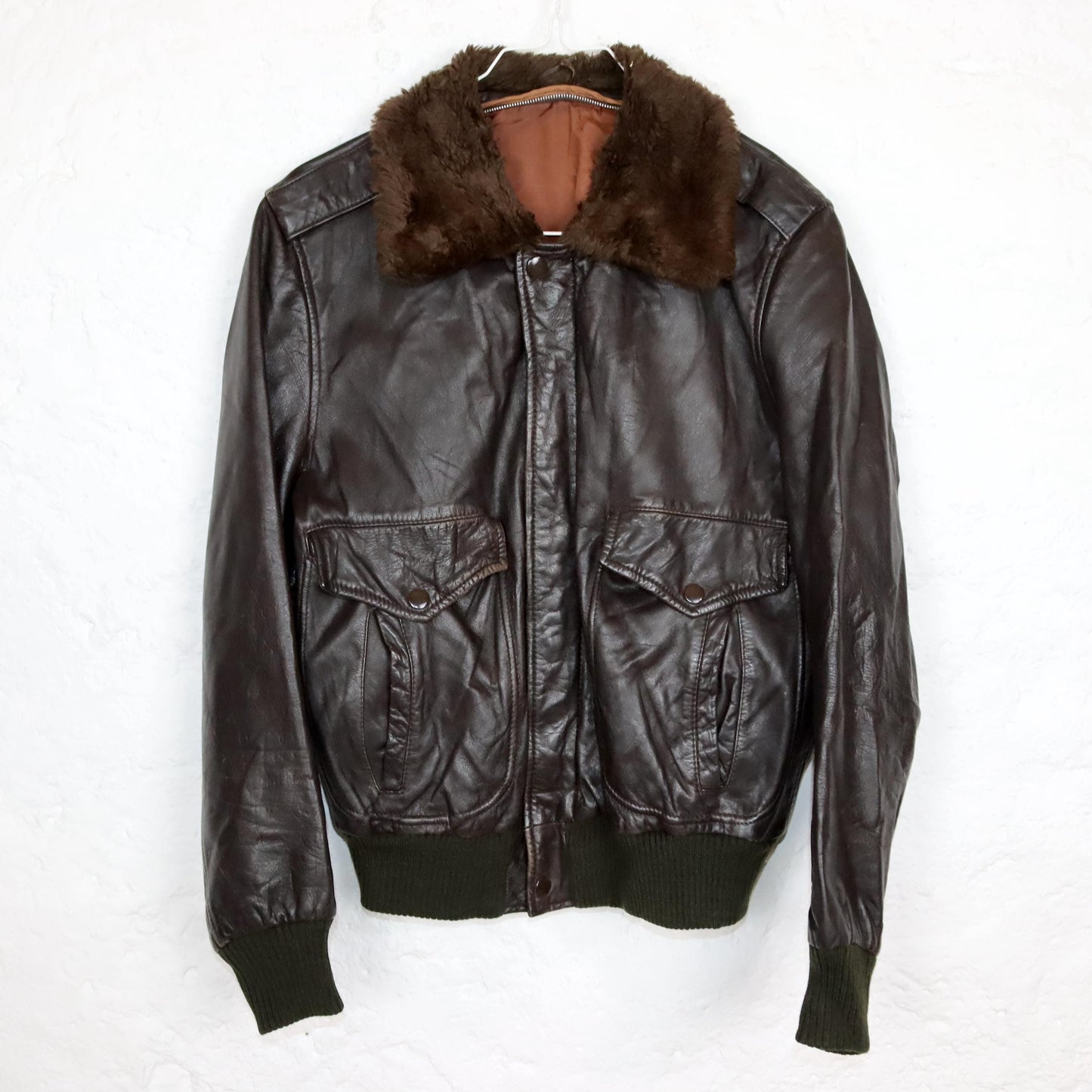 Vintage 80s 90s leather jacket pilot jacket dark brown faux fur collar S