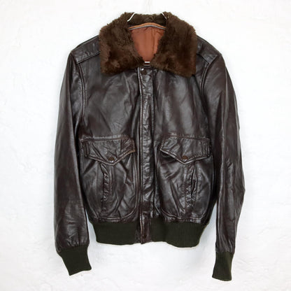Vintage 80s 90s leather jacket pilot jacket dark brown faux fur collar S