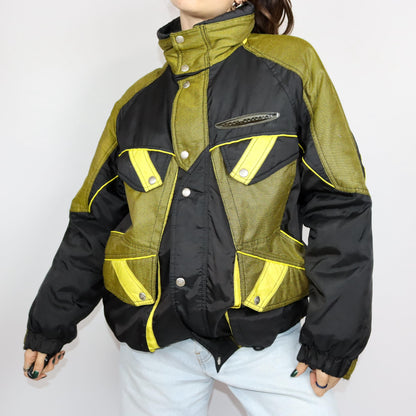 Vintage 80er 90er MC.ROSS Skijacke Winterjacke gefüttert schwarz gelb Stehkragen 48 L