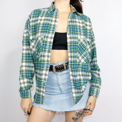Vintage 80s 90s SPORTLINE flannel shirt long sleeve wool shirt checked blue green yellow S