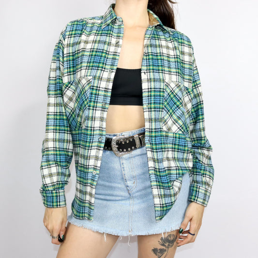 Vintage 80s 90s SPORTLINE flannel shirt long sleeve wool shirt checked blue green yellow S
