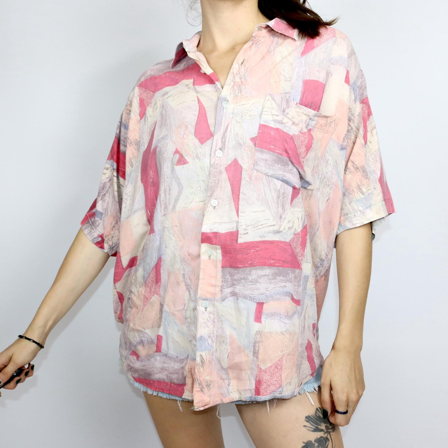 Vintage 80s 90s WESTERN COTTON shirt short sleeve crazy pattern pink XL