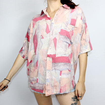 Vintage 80s 90s WESTERN COTTON shirt short sleeve crazy pattern pink XL
