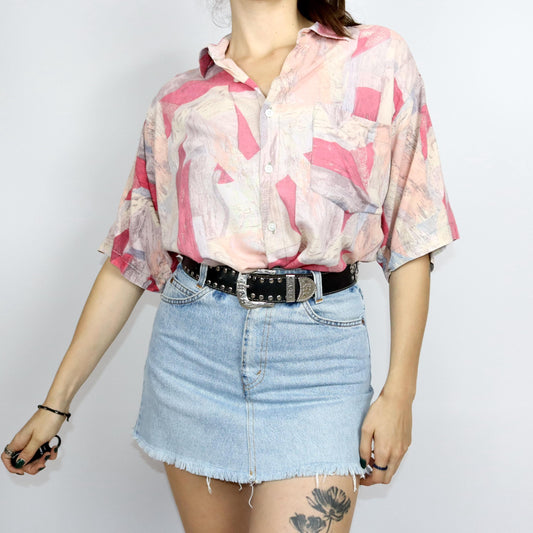 Vintage 80s 90s WESTERN COTTON shirt short sleeve crazy pattern pink XL