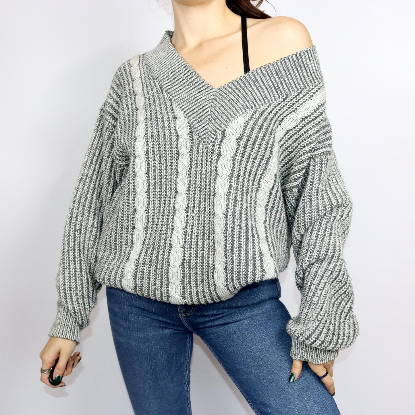 Vintage 80er 90er Pullover Wollpullover Wolle V-Ausschnitt grau 48 M/L