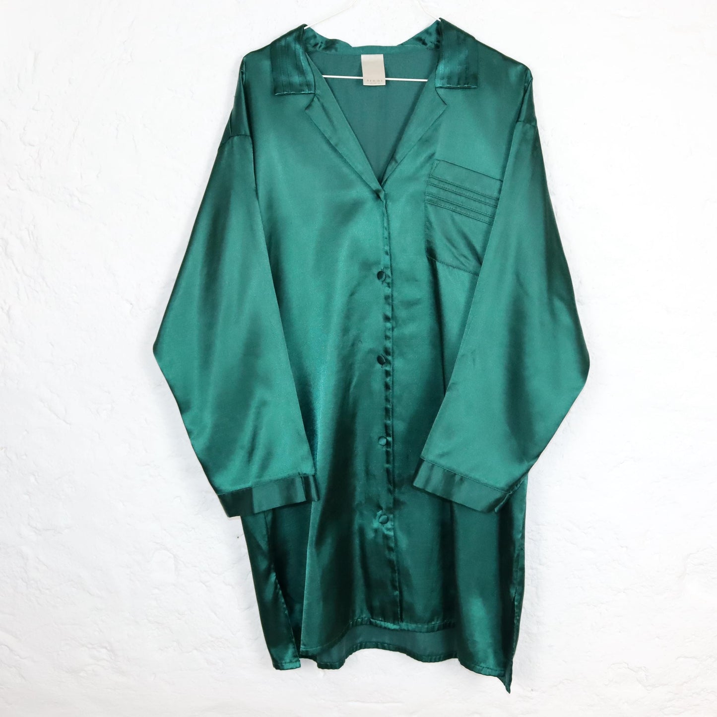 Vintage 80s 90s nightgown dress satin button-down shiny dark green M
