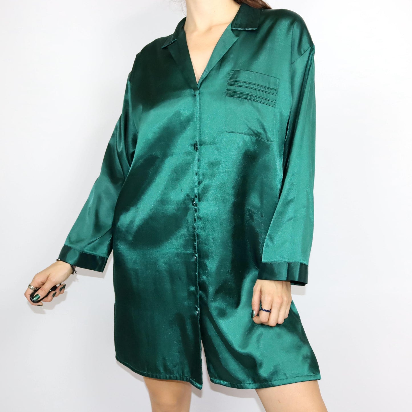 Vintage 80s 90s nightgown dress satin button-down shiny dark green M