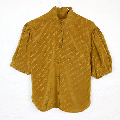 Vintage 80er 90er HUGO BOSS Bluse kurzarm Puffärmel senfgelb Seide gemustert S/M