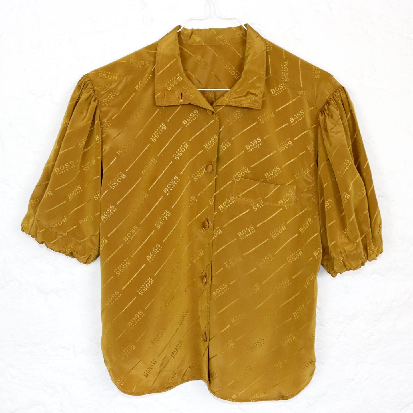 Vintage 80er 90er HUGO BOSS Bluse kurzarm Puffärmel senfgelb Seide gemustert S/M