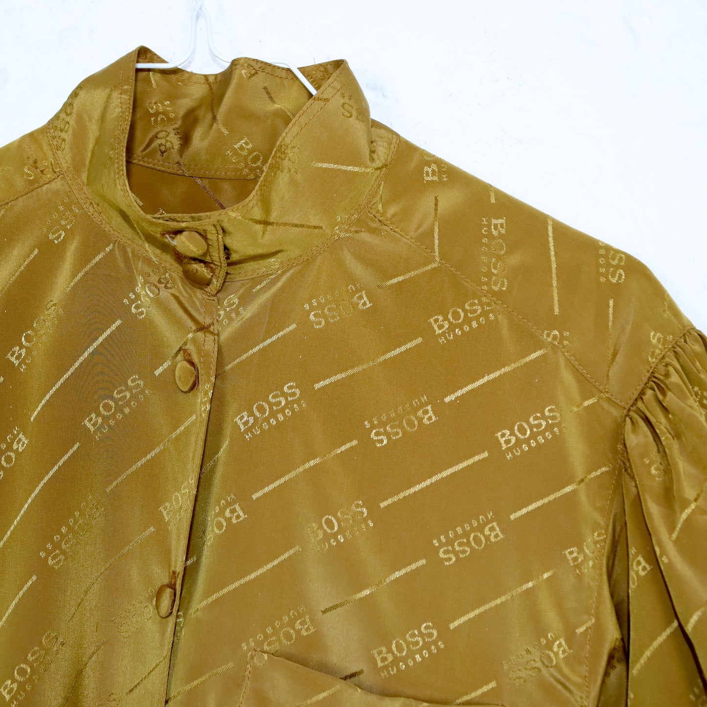 Vintage 80er 90er HUGO BOSS Bluse kurzarm Puffärmel senfgelb Seide gemustert S/M