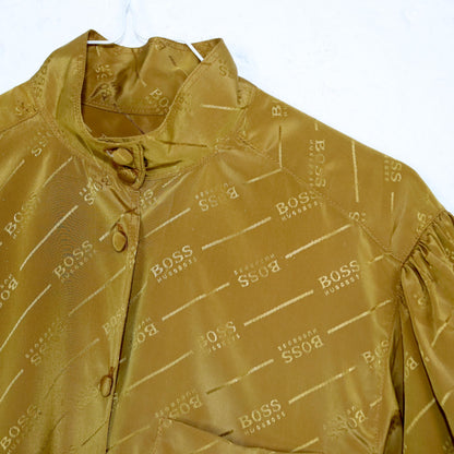 Vintage 80er 90er HUGO BOSS Bluse kurzarm Puffärmel senfgelb Seide gemustert S/M