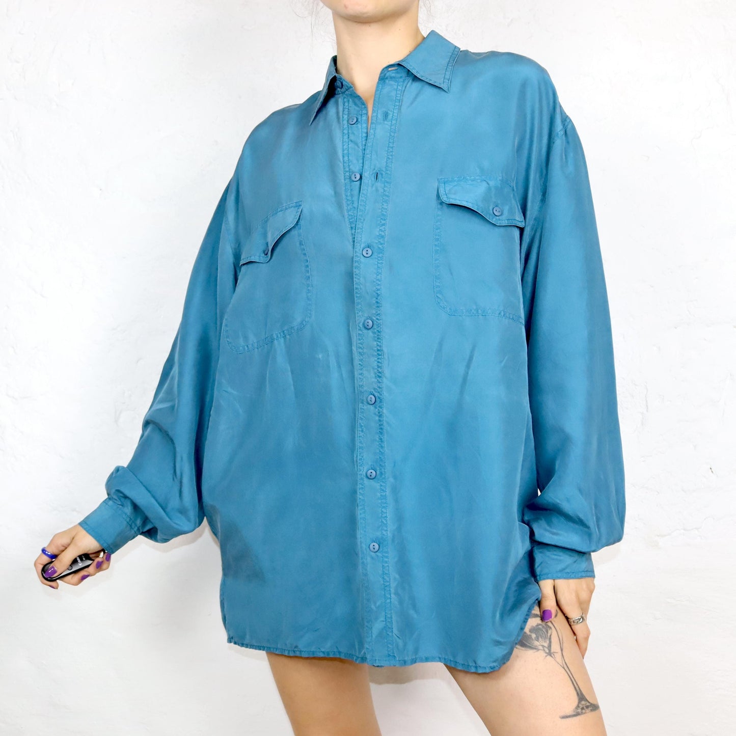 Vintage 80s 90s JAMES DILLON silk shirt long sleeve shirt silk blue L