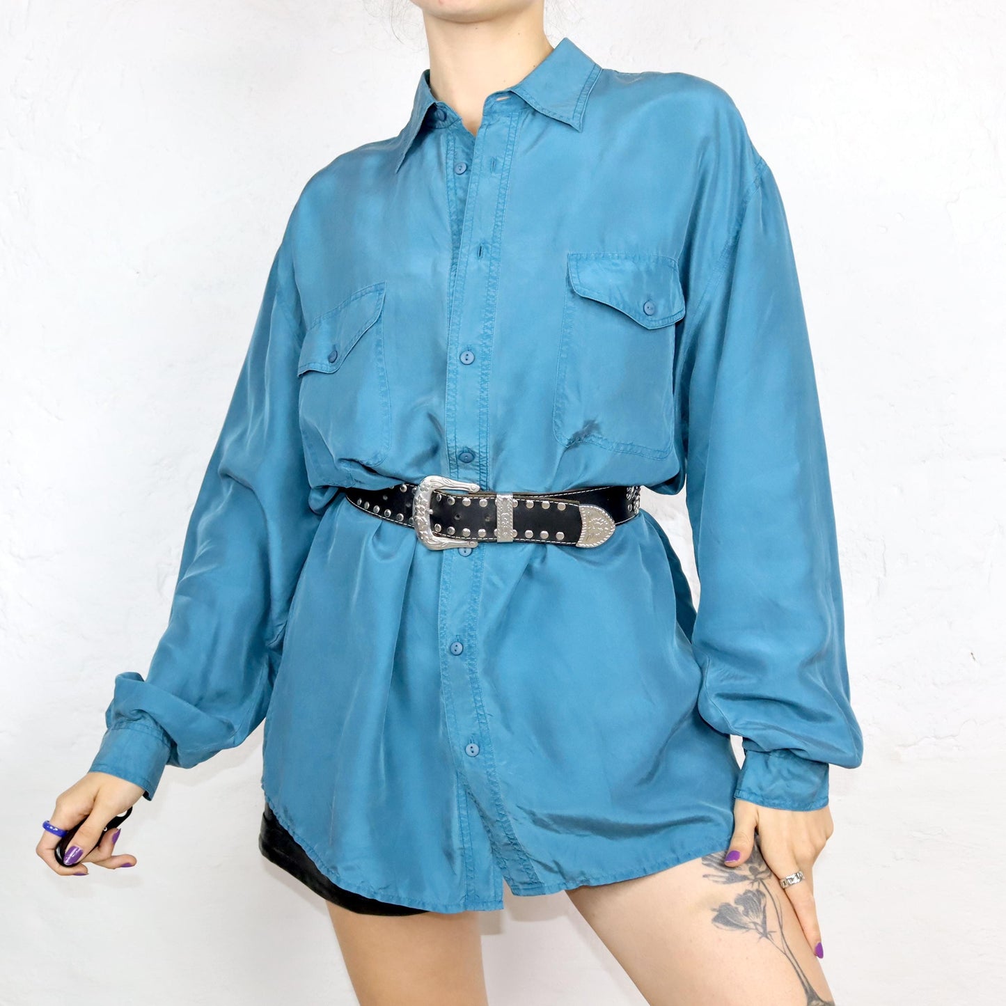 Vintage 80s 90s JAMES DILLON silk shirt long sleeve shirt silk blue L