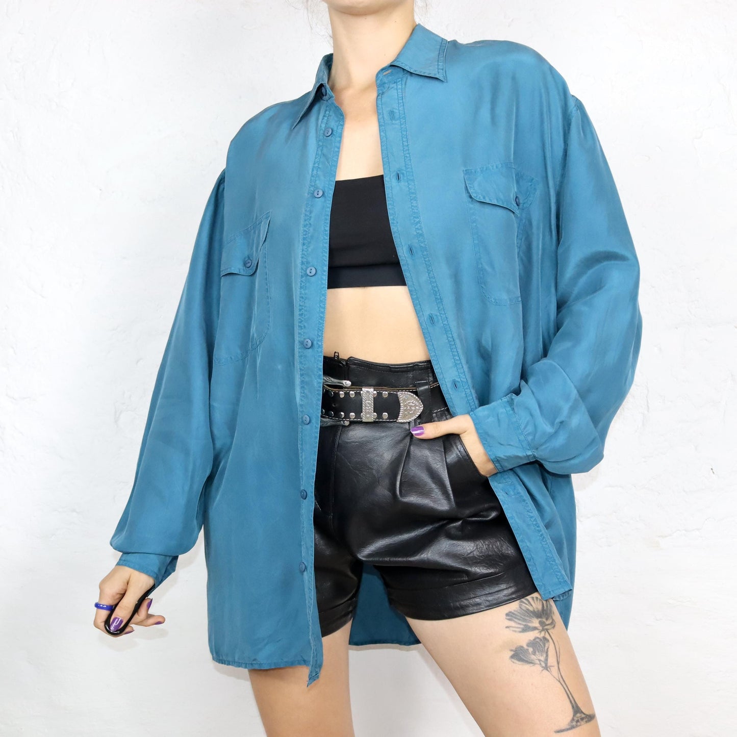 Vintage 80s 90s JAMES DILLON silk shirt long sleeve shirt silk blue L