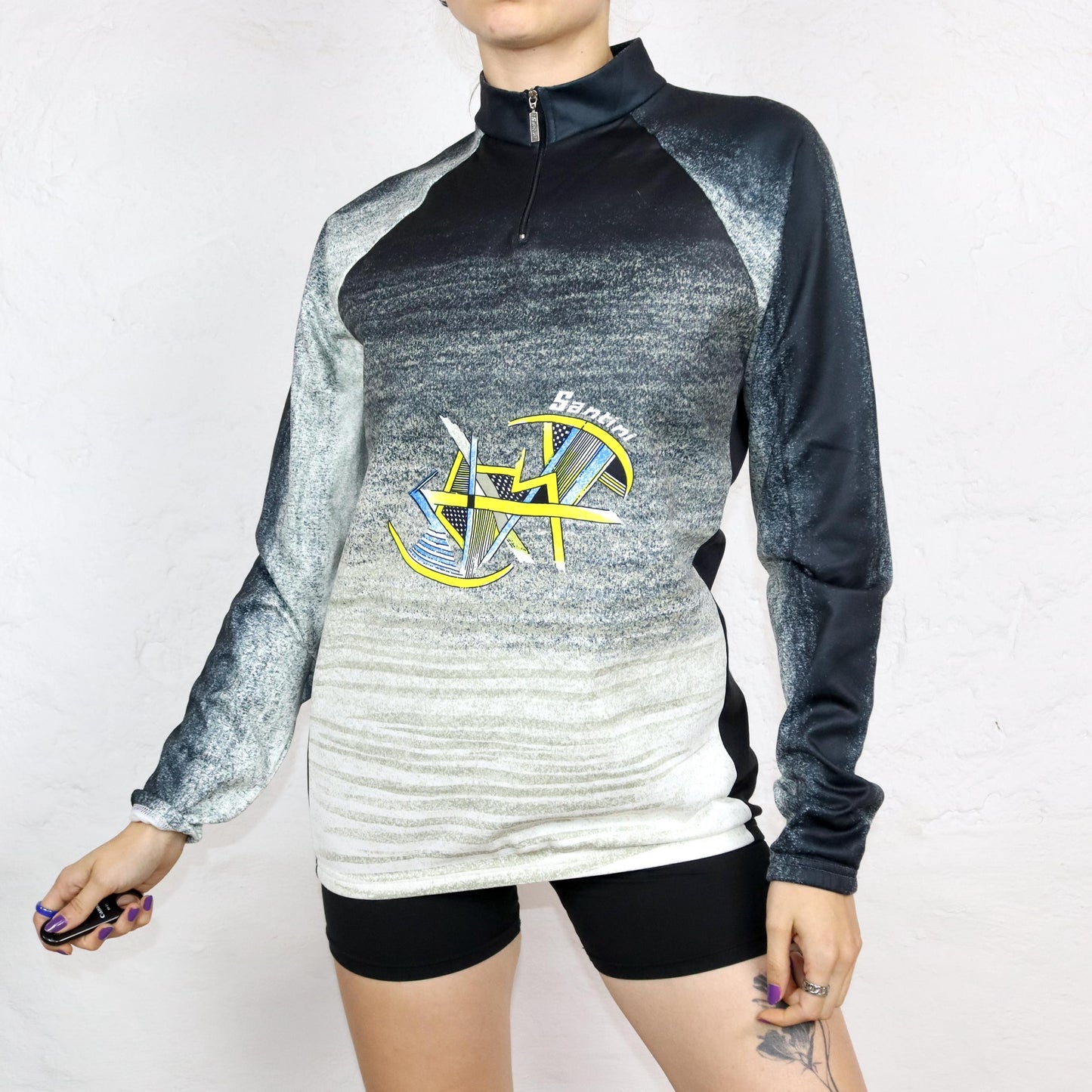 Vintage 80er 90er SMS SANTINI Fahrradtrikot langarm innen Fleece crazy pattern XL