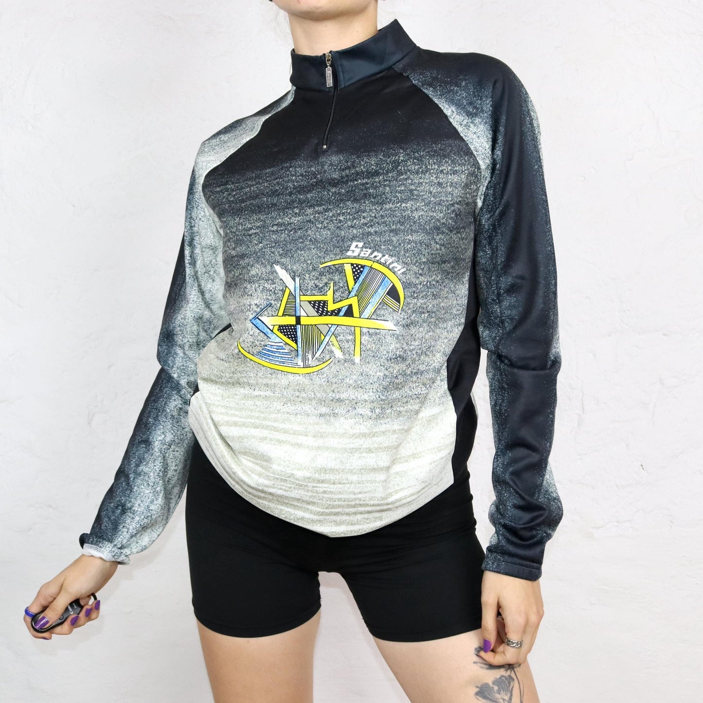 Vintage 80er 90er SMS SANTINI Fahrradtrikot langarm innen Fleece crazy pattern XL