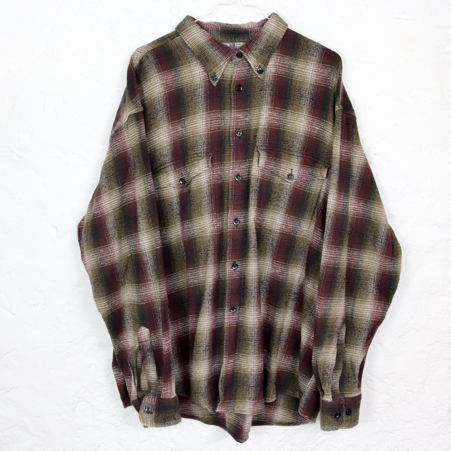 Vintage 80s 90s B flannel shirt long sleeve checked dark red khaki 43/44 S