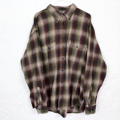 Vintage 80s 90s B flannel shirt long sleeve checked dark red khaki 43/44 S
