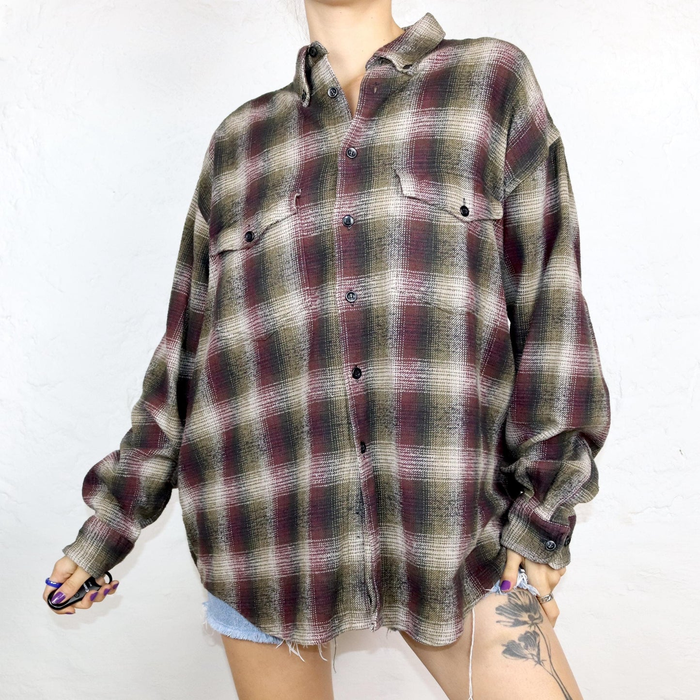 Vintage 80s 90s B flannel shirt long sleeve checked dark red khaki 43/44 S