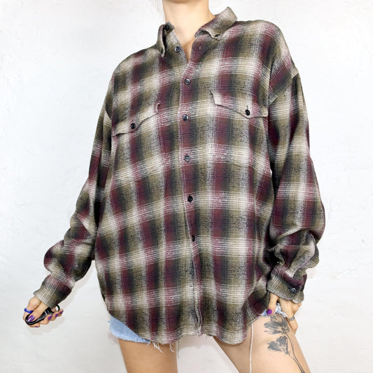 Vintage 80s 90s B flannel shirt long sleeve checked dark red khaki 43/44 S