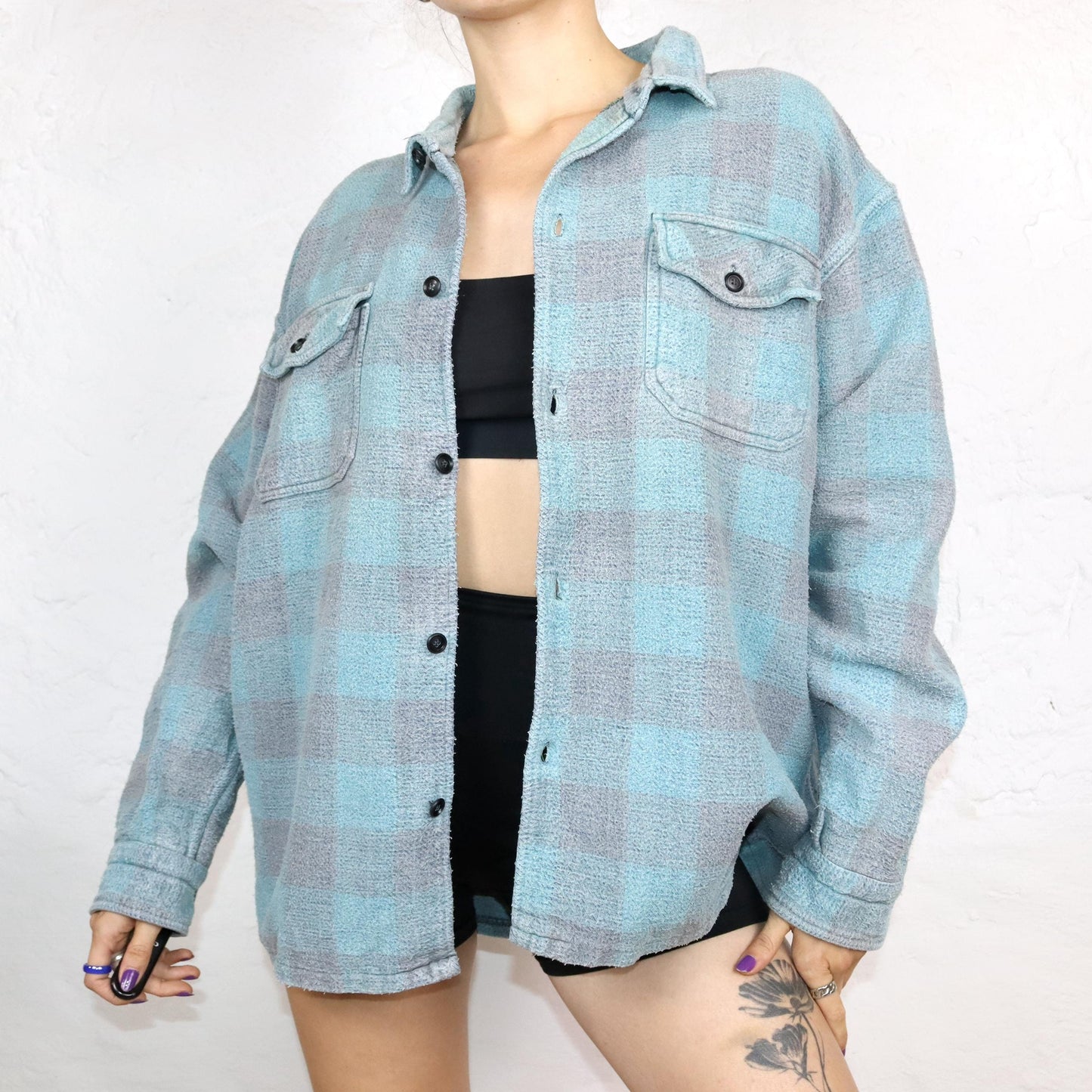 Vintage 80s 90s flannel shirt lanaram grey light blue XXL