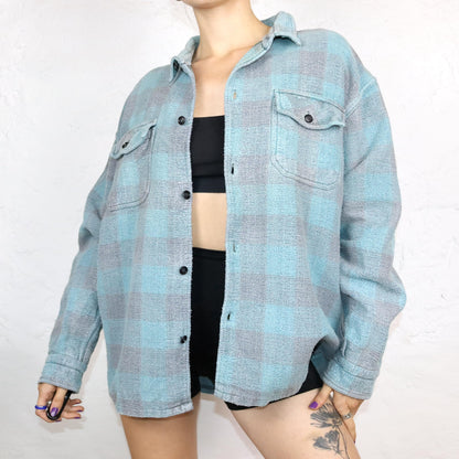 Vintage 80s 90s flannel shirt lanaram grey light blue XXL