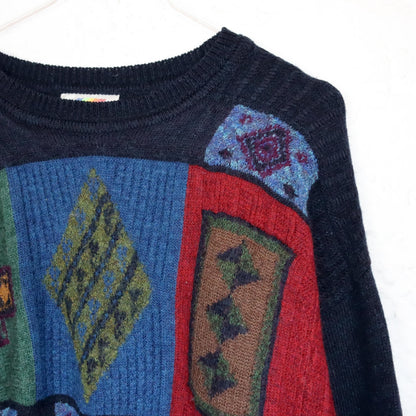 Vintage 80s 90s MONELLO wool sweater patterned wool dark blue colorful 50 L
