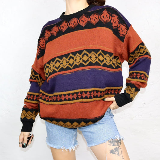 Vintage 80er 90er TOM TINO Wollpullover wolle Pullover gemustert orange lila schwarz 52 L