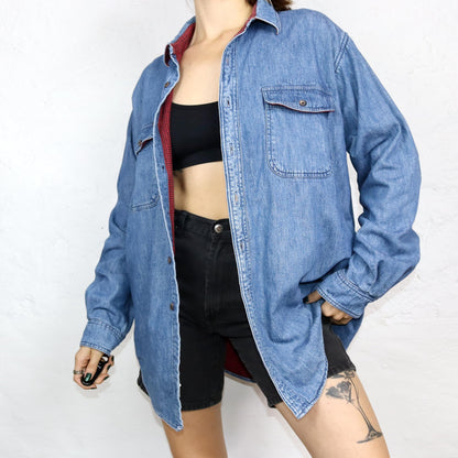 Vintage 80s 90s LLBEAN denim shirt thick shirt double layered inside flannel L