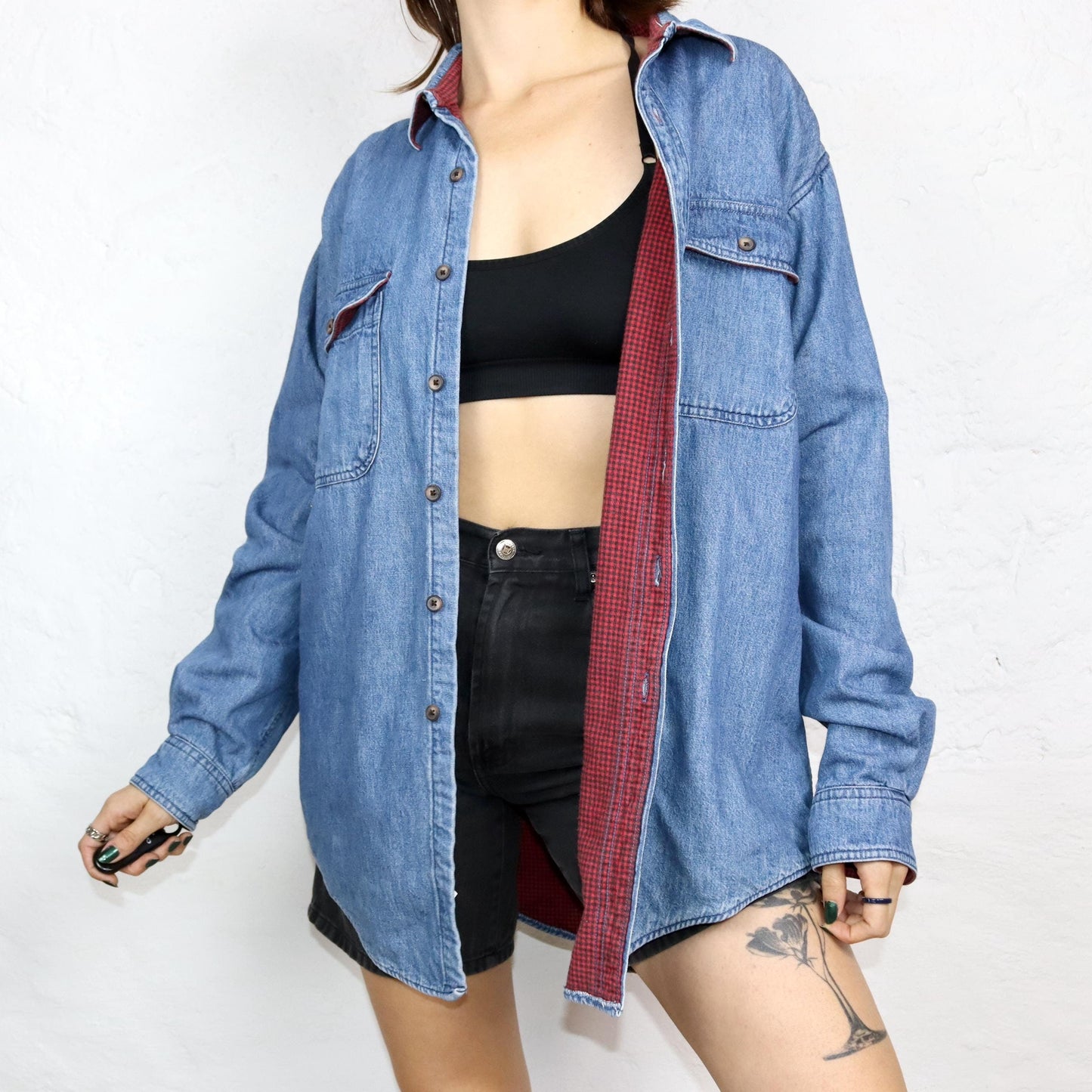 Vintage 80s 90s LLBEAN denim shirt thick shirt double layered inside flannel L
