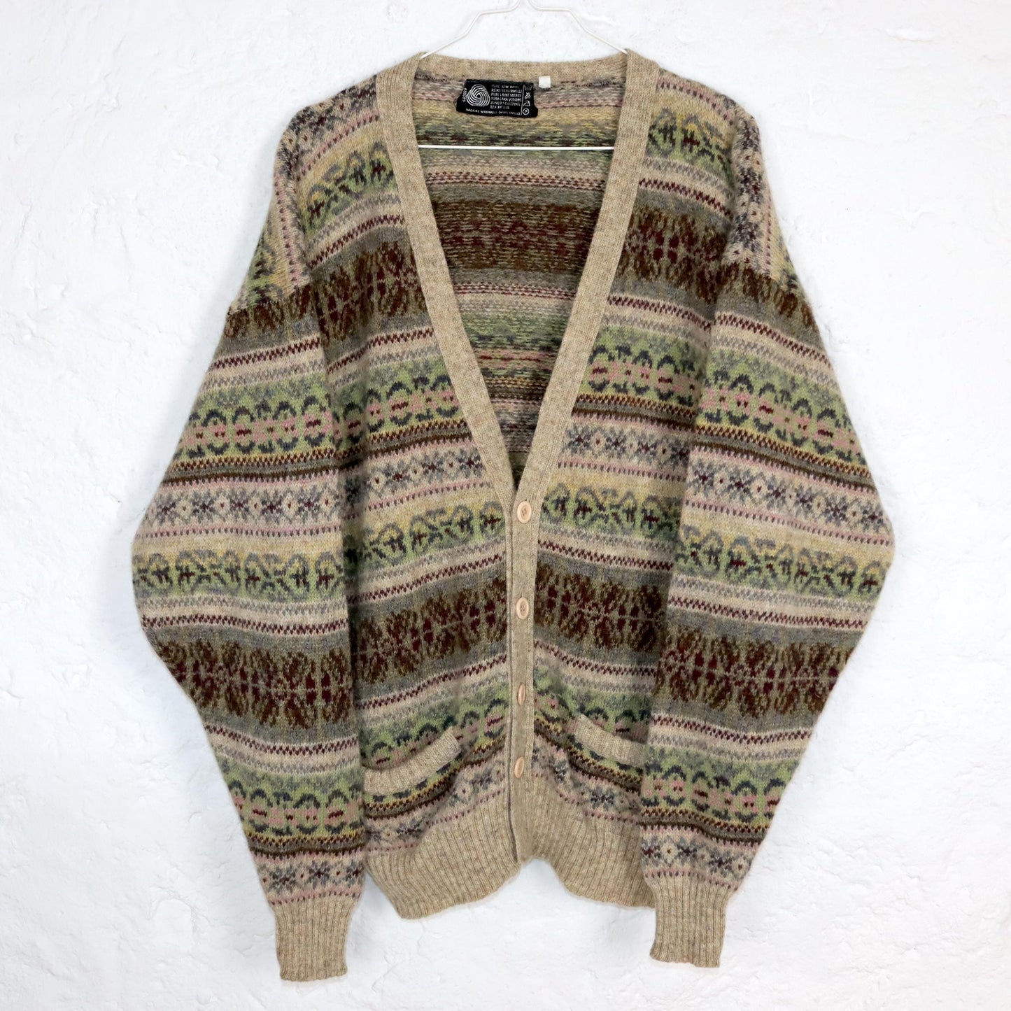 Vintage 80s 90s wool cardigan, patterned beige, colorful, pastel, L