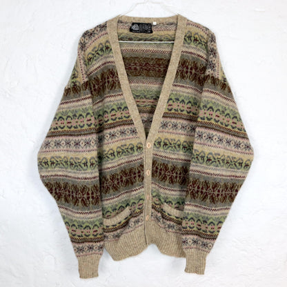 Vintage 80s 90s wool cardigan, patterned beige, colorful, pastel, L