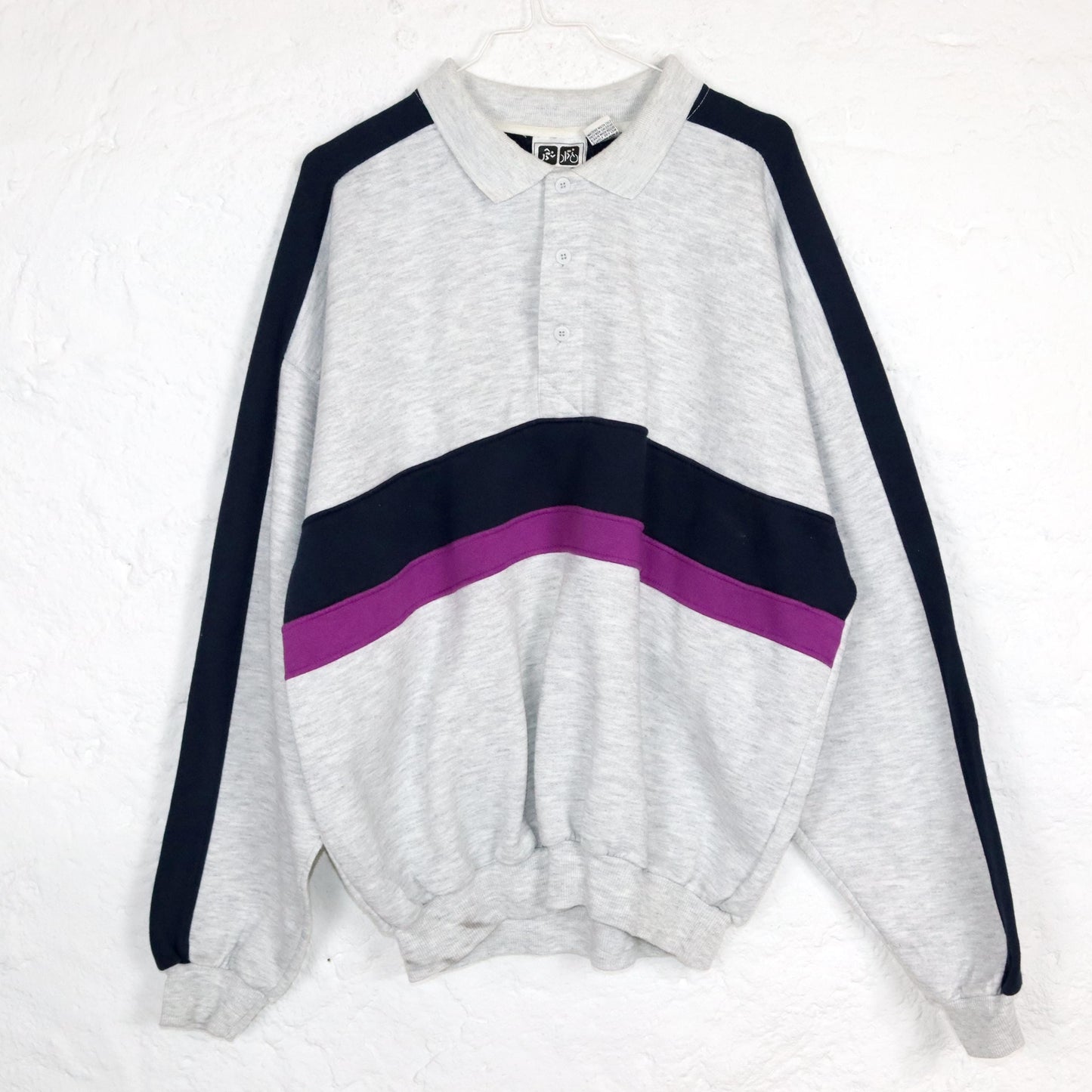 Vintage 80er 90er ACTIVE WEAR Sweatshirt Pullover Polokragen grau pink dunkelblau XL