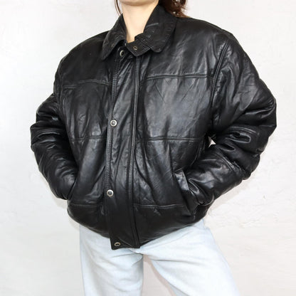 Vintage 80s 90s AMI leather jacket puffer jacket leather lined black L