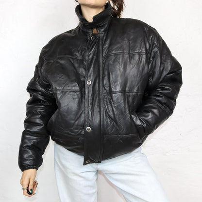 Vintage 80s 90s AMI leather jacket puffer jacket leather lined black L