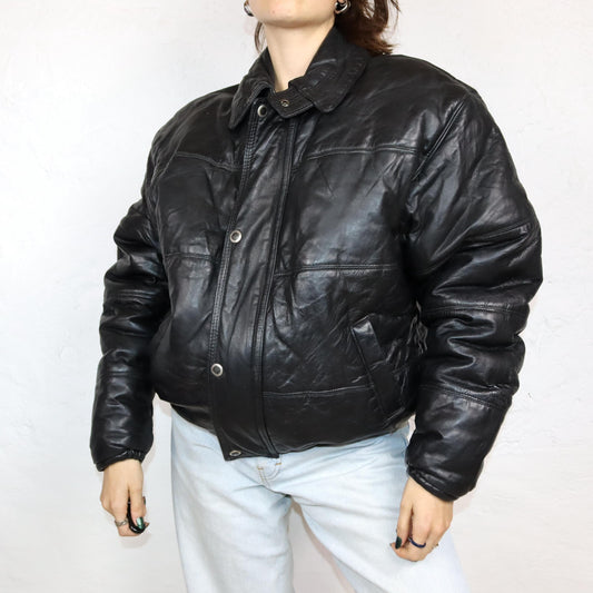Vintage 80s 90s AMI leather jacket puffer jacket leather lined black L