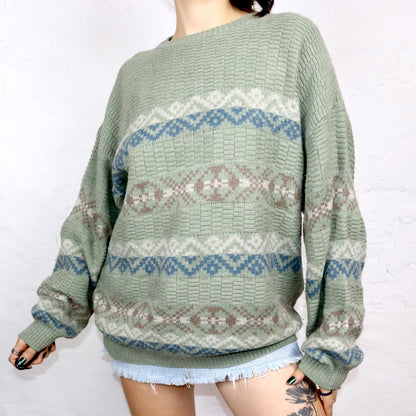 Vintage 80er 90er OSIALDO ZALO Wollpullover Pullover Wolle gemustert Pastell mintgrün XL