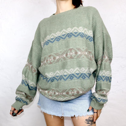 Vintage 80er 90er OSIALDO ZALO Wollpullover Pullover Wolle gemustert Pastell mintgrün XL