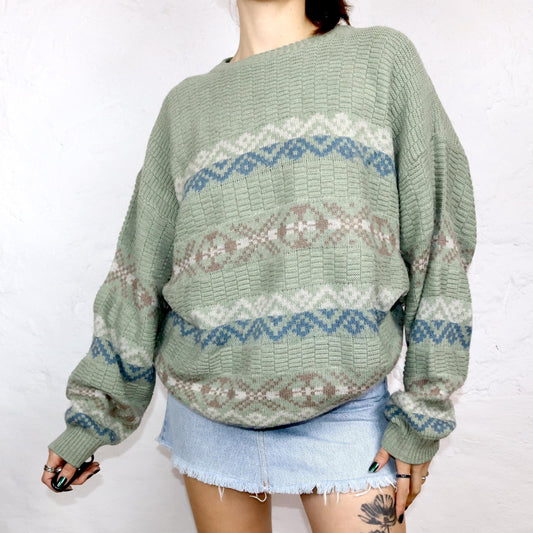 Vintage 80er 90er OSIALDO ZALO Wollpullover Pullover Wolle gemustert Pastell mintgrün XL