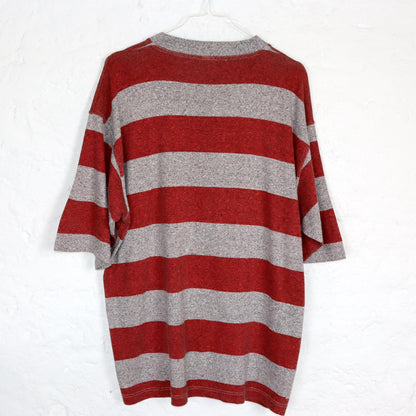 Vintage 80s 90s basic T-shirt short sleeve striped grey red mottled XL
