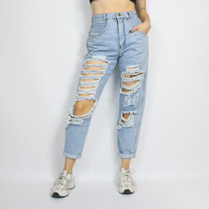 Vintage 80er 90er BLUE LOOK Jeans wasted look Löcher highwaist hellblau 38
