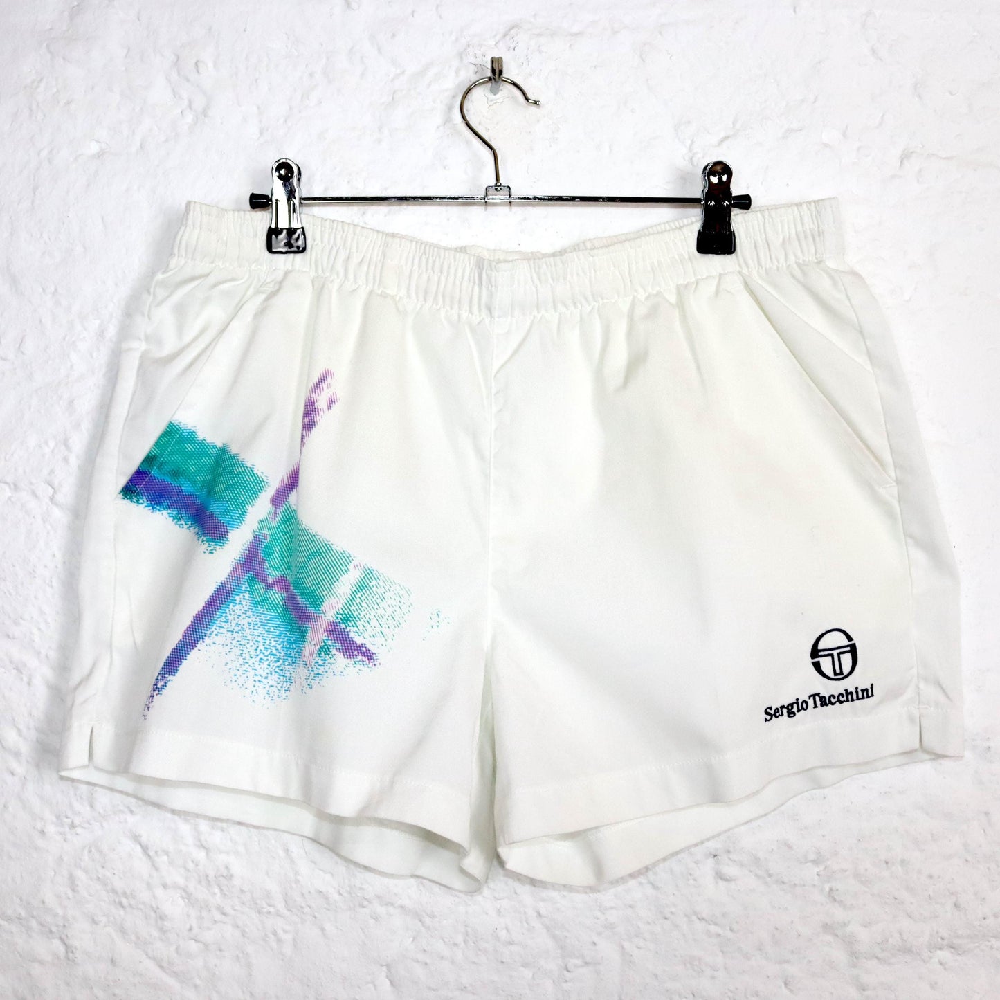 Vintage 80er 90er SERGIO TACCHINI Shorts Tennisshorts Hose kurz weiß crazy pattern 50 L
